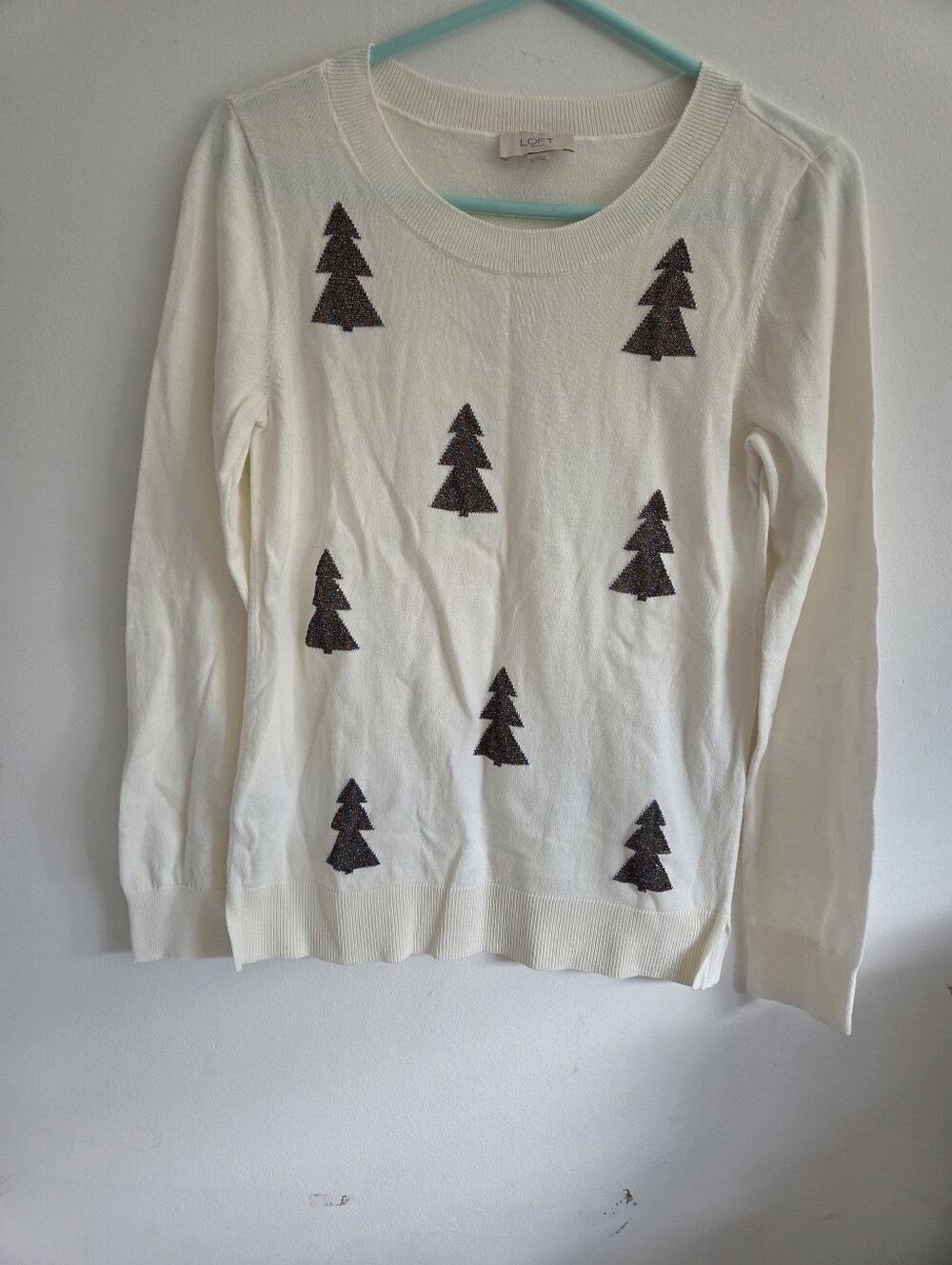 LOFT Outlet Ivory Christmas Tree Sweater Size Small 100% Cotton Metallic Trees